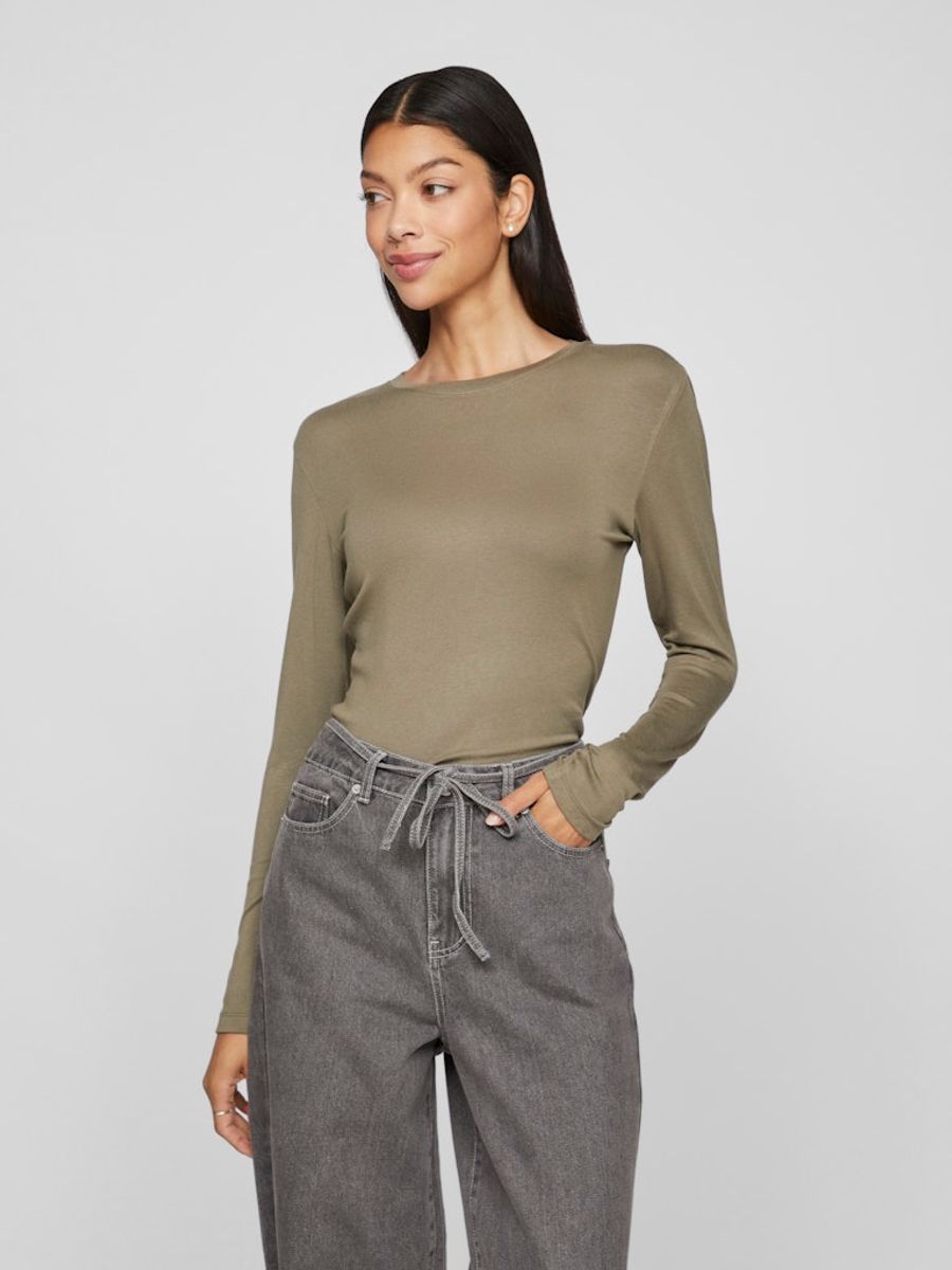 VIALEXIA O-NECK L/S TOP DUSTY OLIVE