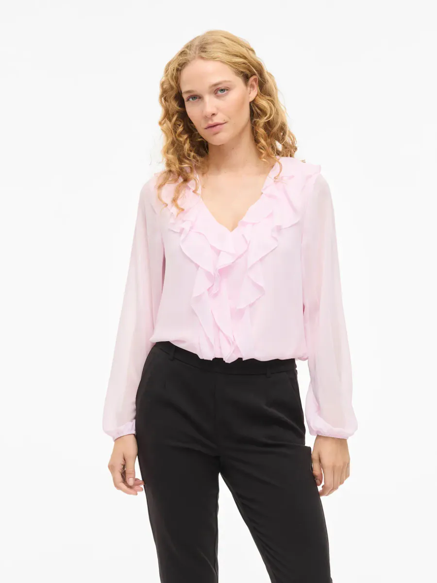 VIANE L/S V-NECK FRILL CHERRY BLOSSOM