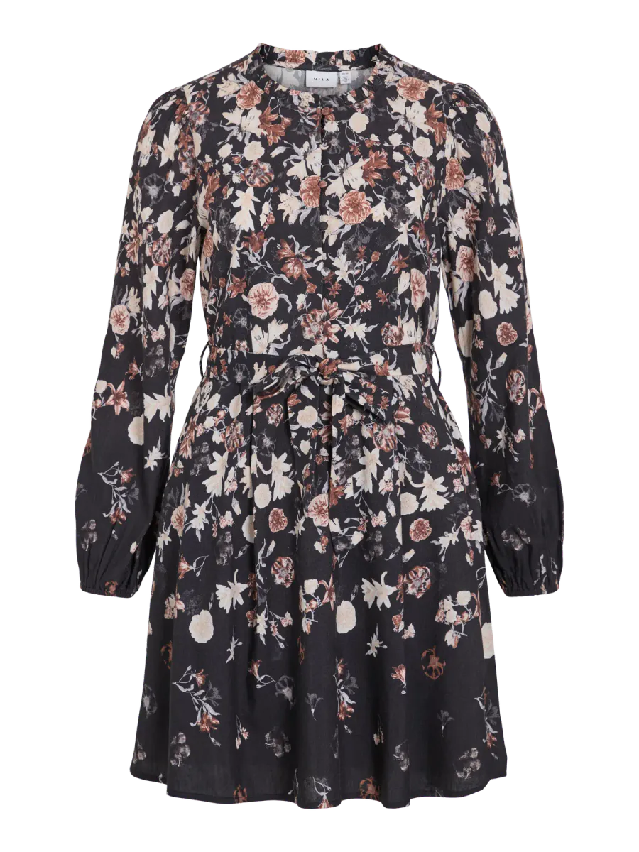 VIELMA O-NECK L/S SHORT DRESS/LN NEW BLACK BEAUTY /BROWN FLOWER